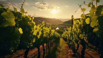 Vineyard at sunset in sunlight. Winemaking and grape fields. photo