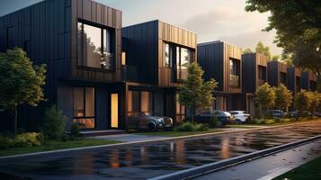 Modern modular private black townhouses. Residential architecture exterior. photo