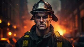 A courageous firefighter against the backdrop of a burning building. photo