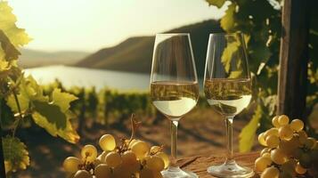 Two glasses of white wine against the backdrop of vineyards in the sun. photo