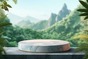 A white round device sits on a table in front of a jungle background photo