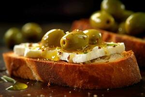 Olives toast, macro shot of a fresh breakfast, AI Generated photo