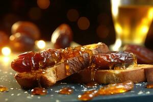 Saudi Arab Dates toast, macro shot of a fresh breakfast with Dripping Honey, AI Generated photo