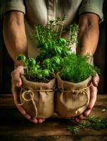 Person Holding a pot of herbs, Sustainability Generative AI photo
