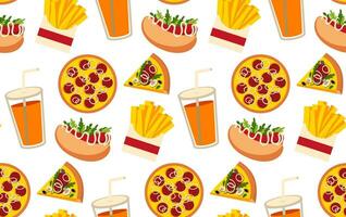 Fast food seamless pattern. Vector background with burger, hod dog, pizza, glass with straw, piece of pizza, french fries. Fast food illustration in flat style.