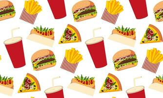 Fast food seamless pattern. Vector background with burger, hod dog, pizza, glass with straw, piece of pizza, french fries. Fast food illustration in flat style.