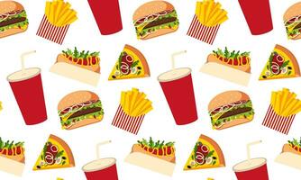 Fast food seamless pattern. Vector background with burger, hod dog, pizza, glass with straw, piece of pizza, french fries. Fast food illustration in flat style.