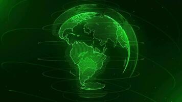 Digital green earth data technology concept background - a spinning green holographic globe and particles animation. This global communications and connections background full HD and a seamless loop. video