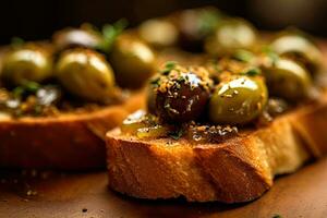 Olives toast, macro shot of a fresh breakfast, AI Generated photo