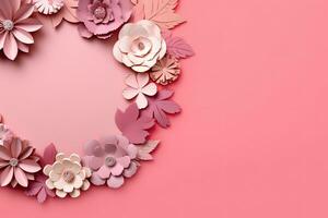 Pink paper flowers on a pink background photo