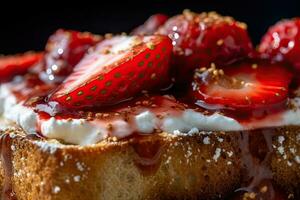 Strawberry toast, macro shot of a fresh breakfast with Dripping Honey, AI Generated photo