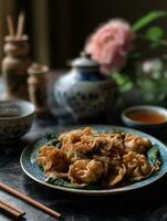 Shui lan fried wonton for chinese kung pao, in the style of flower and nature motifs AI Generated photo