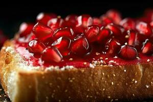 Pomegranate toast, macro shot of a fresh breakfast with Dripping Honey, AI Generated photo