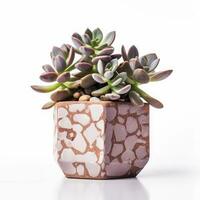 Graptoveria in a terracotta hexagonal pot with a speckled pattern in shades of purple AI Generated photo