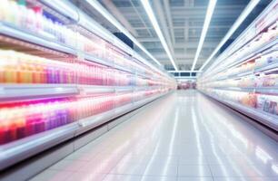 Blurred background in the main aisle of supermarket photo