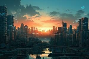 A city downtown with buildings reflecting in the sun photo