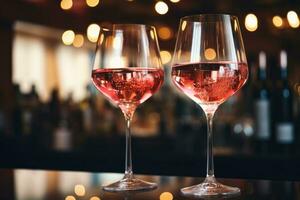 Pink wine glasses on restaurant background photo