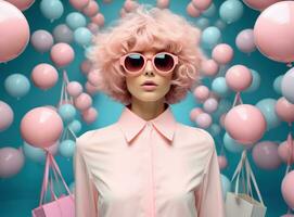 Beaitufil girl with shopping bag against vivid background photo