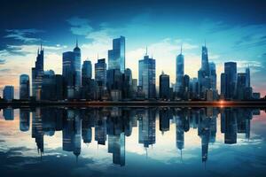 A city downtown with buildings reflecting in the sun photo