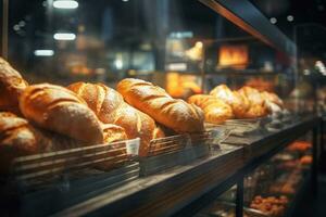 Fresh bread on display in a grocery store photo