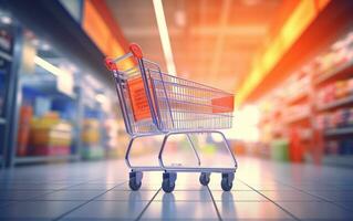 Shopping cart in supermarket photo