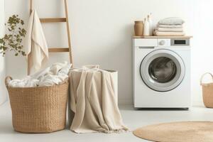 A laundry basket next to washing machine in a room photo