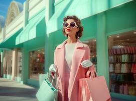 Beaitufil girl with shopping bag against vivid background photo