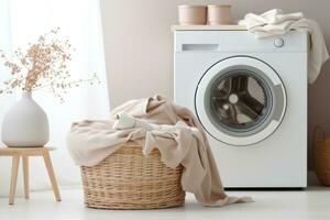 A laundry basket next to washing machine in a room photo