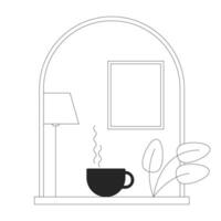 Cozy window bw concept vector spot illustration. Hot drink cup and houseplant 2D cartoon flat line monochromatic object for web UI design. Editable isolated outline hero image