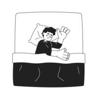 Cute child sleeping in bed monochromatic flat vector character. Cover with blanket. Editable thin line full body person on white. Simple bw cartoon spot image for web graphic design