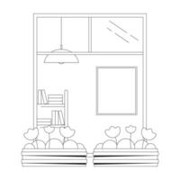 Balcony window with flowers in pots bw concept vector spot illustration. Architecture 2D cartoon flat line monochromatic object for web UI design. Editable isolated outline hero image