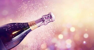 Glitter background with champagne bottle photo