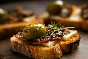 Olives toast, macro shot of a fresh breakfast, AI Generated photo