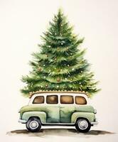 retro coche con Navidad árbol foto