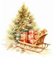 Navidad trineo con regalos, guirnalda y árbol foto