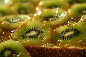 kiwi tostada, macro Disparo de un Fresco desayuno con goteo Miel, ai generado foto