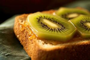 kiwi tostada, macro Disparo de un Fresco desayuno con goteo Miel, ai generado foto