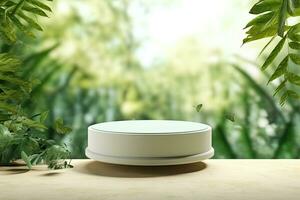 A white round device sits on a table in front of a jungle background photo