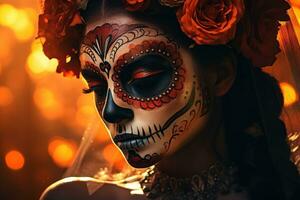 Beautiful young lady with sugar skull makeup photo