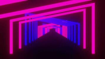 video animation passing through a corridor with red and blue light frames in a dark room