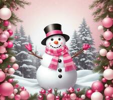 winter graphics with a snowman, Christmas baubles in barbie pink photo