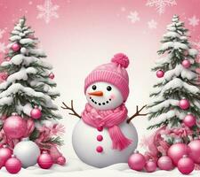 winter graphics with a snowman, Christmas baubles in barbie pink photo