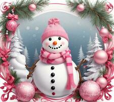 winter graphics with a snowman, Christmas baubles in barbie pink photo