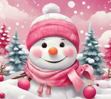 winter graphics with a snowman, Christmas baubles in barbie pink photo