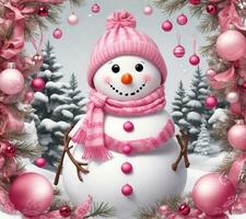 winter graphics with a snowman, Christmas baubles in barbie pink photo