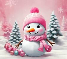 winter graphics with a snowman, Christmas baubles in barbie pink photo