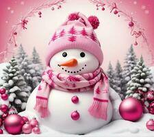 winter graphics with a snowman, Christmas baubles in barbie pink photo