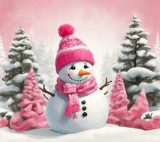 winter graphics with a snowman, Christmas baubles in barbie pink photo