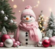 winter graphics with a snowman, Christmas baubles in barbie pink photo