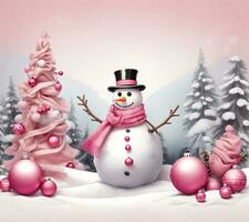 winter graphics with a snowman, Christmas baubles in barbie pink photo